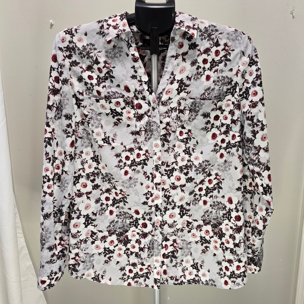 Talbots Floral Button Front‎ Blouse Women's Medium Gray Burgundy Long Sleeve top